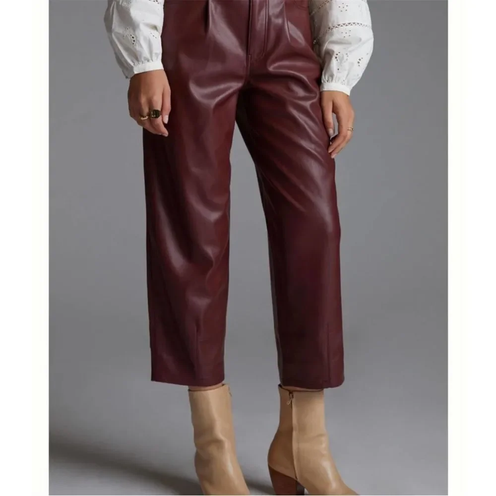 Anthropologie Pilcro The Breaker Cropped Faux Leather Pants Wine Size 27 - Picture 5 of 6